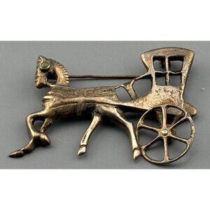 Vintage Mexican Silver Horse & Carriage Brooch Turquoise Eye Moving Wheel Figura